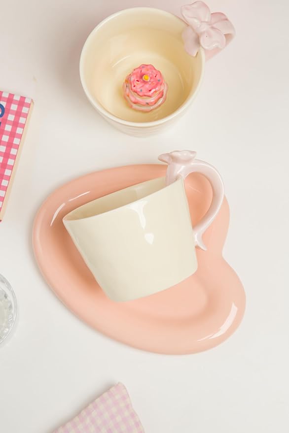 DIHOclub Ceramic Coffee Mug with Birthday Cake & Bow Handle, Giftable Novelty Tea Cup for Birthday Anniversary (Cream)