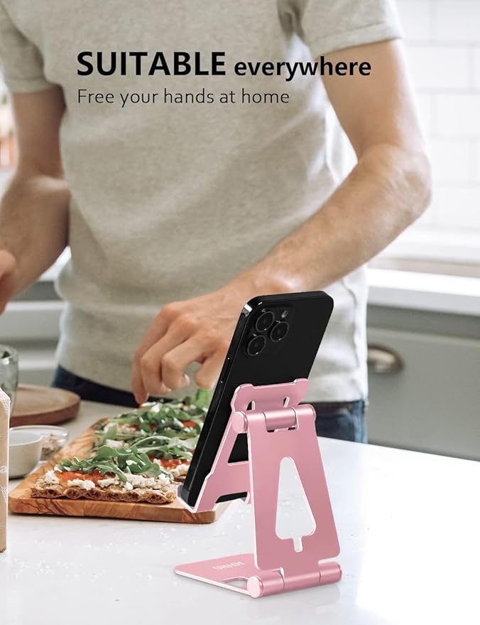 Cell Phone Stand for Desk, Adjustable Desktop Phone Holder Stand, Foldable Moblie Phone Dock for iPhone17 16 15 14 13 12 11 Pro Xs Max Xr X 8 7 6 5 5s SE Nintendo Switch All Phones, Rose Gold