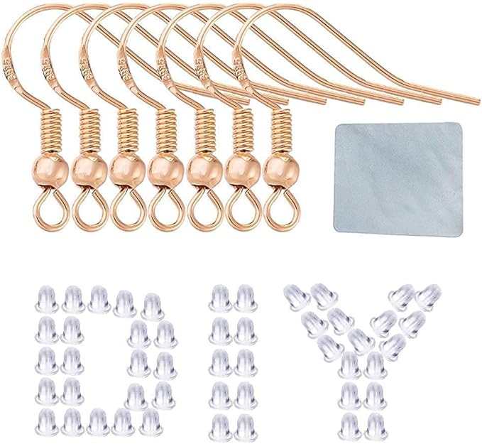 Rose Gold Earring Hooks - 120 PCS/60 Pairs Hypo-allergenic Rose Gold Plated Ear Wires Fish Hooks for Jewelry Making, Jewelry Findings Parts with 120 PCS Rubber Earring Backs Stopper for DIY Earrings
