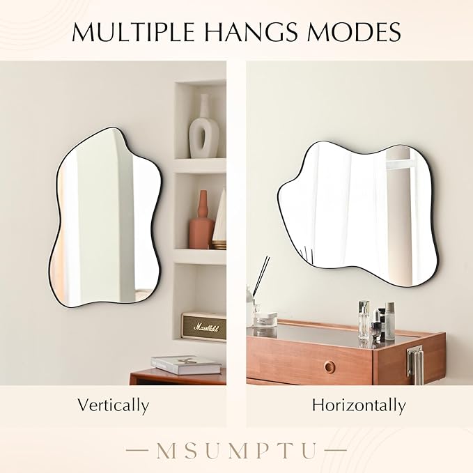 Irregular Wall Mirror Black Wave Shaped Metal Framed Wall Mirror for Bathroom Bedroom Entryway Living Room Wall Decor 24" L x 18" W 2305B