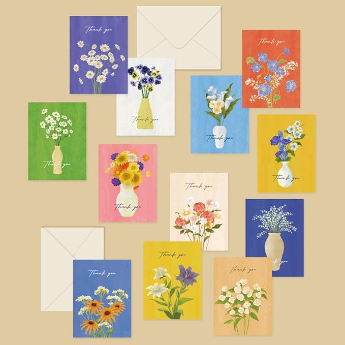 Monolike Day-by-day Card, Thank you - Olivia's Flowers Series.2 - Mix 36 Mini Single cards, 36 envelopes, 36 stickers Package