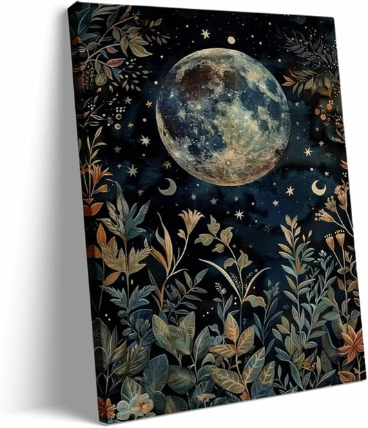 Dark Academic Moon Eclipse Wall Art William Poster Morris Botanical Print Gothic Room Decor Goth Moon and Stars Painting Canvas Vintage Cottagecore Decor for Bedroom Dorm 20x30in Large Frame Wall Art