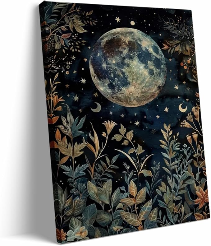 Dark Academic Moon Eclipse Wall Art William Poster Morris Botanical Print Gothic Room Decor Goth Moon and Stars Painting Canvas Vintage Cottagecore Decor for Bedroom Dorm 8x12in Frame wall art