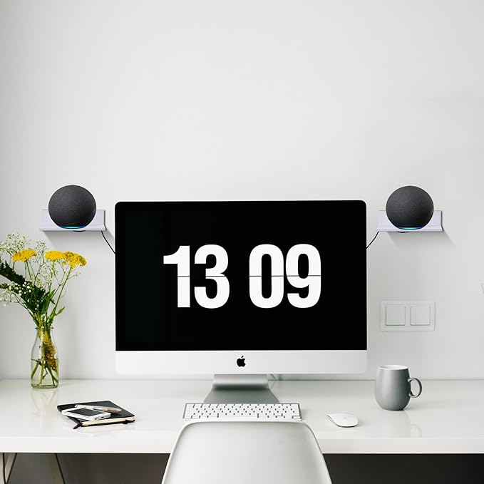 Small Floating Shelves, Adhesive Bluetooth Speaker Shelf, Renter Friendly Floating Corner Shelves with Cable Clip, Wall Mounted, Display Shelf for Smart Speaker, White, Aluminum, 8 inch, 2 Pack