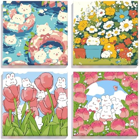 YONEYO 4 Pack Framed Paint by Numbers for Adults, Kawaii Animal & Cute Bunny Acrylic Canvas Painting with Easels, Easy DIY Floral Wall Art Decor, 8x8 Inch by Unknown
