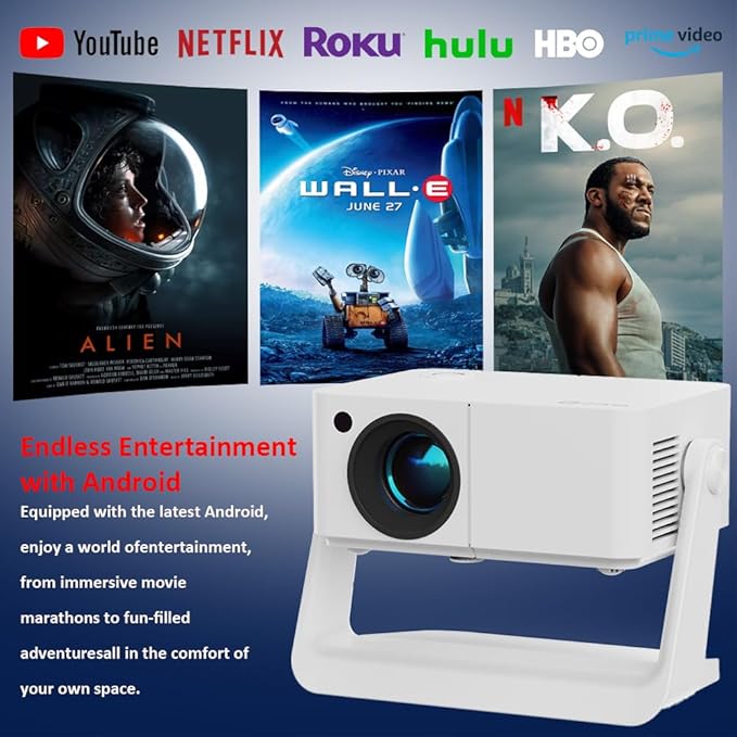 Mini Projector with WiFi and Bluetooth【Auto Keystone&Electric Focus&Rotatable】Built-in Stand Projector Android Projector Suitable for Home/Parties/Office Use