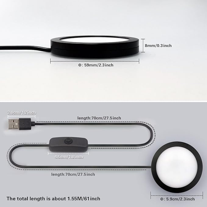 LED Spotlight with Switch Indoor Mini Ultra-Thin 5V USB 3M Adhesive Sticker Surface Mounted Under Counter Lighting Wine Showcase Model Display Lamp Campus Black Desk Lighting (Cold White 6000K)