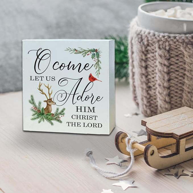 Christmas Christian Wooden Desk Decor Sign, Let Us Adore Him Christ The Lord Wooden Box Sign, Religious Holiday Home Plaque with Deer and Cardinal Design, Christmas Decor 5x5 Inches
