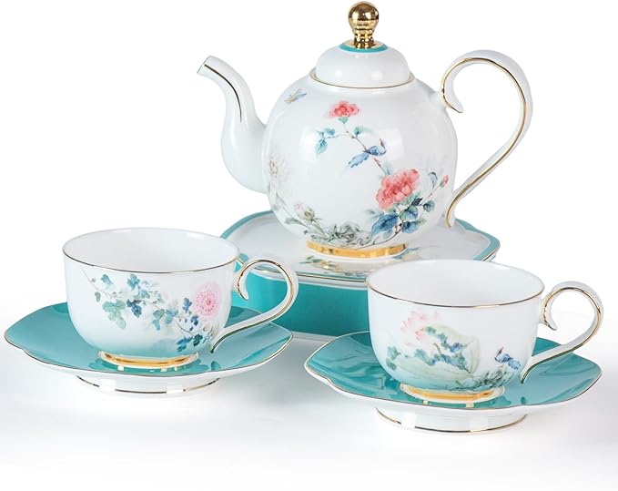KAMMAK Tea Pot and Cups Set for Adults, Bone China Tea Cup and Saucer with Teapot, Porcelain Coffee Cups and Pot, Teapot with Tray and Gift Box for Latte, Afternoon Tea Party