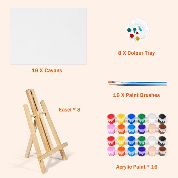 Acrylic Paint Set with 8 PCS 11.8In Easel & 16 PCS 8X10In Canvas, Painting Canvas Panel with Easel, Art Canvas Painting Kit with Brushes & Paint Trays for Kids Teenagers Acrylic Oil Water Color Gift