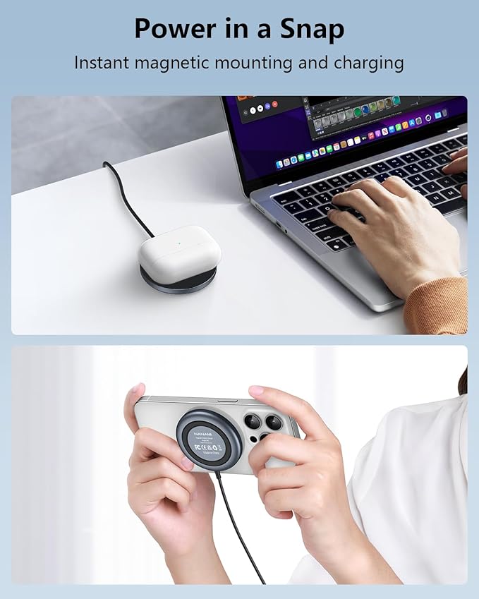 NANAMI Magnetic Wireless Charger Pad with 20W PD Adapter,for MagSafe iPhone 17/16/15/14/13/12 Series & AirPods 3/2/Pro 2,Non-Slip Base & Strong Magnetic Alignment for Desk and Office Use(Black)