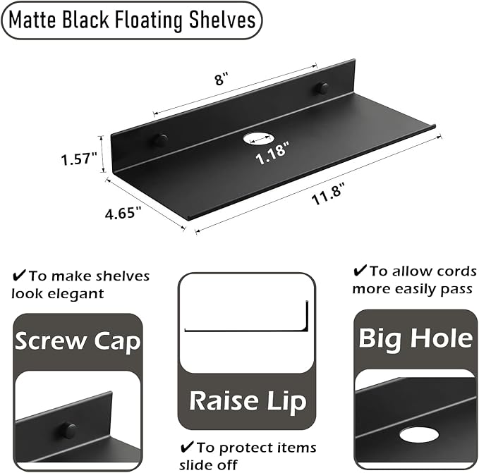 Z metnal Metal Floating Shelves with Cable Clip, Shelves for Bluetooth Speaker Router Cameras, Wall Mounted, Display Shelf, Matt Black, Aluminum, 12 inch, 2 Pack