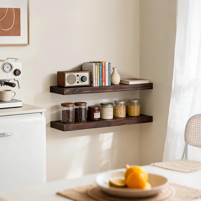 Floating Wall Shelves 24x6.8x1.7 Inch – Solid Wood Rustic Shelves in Walnut Finish – Wall Mounted Display Shelf for Bathroom, Kitchen, Bedroom – Set of 2