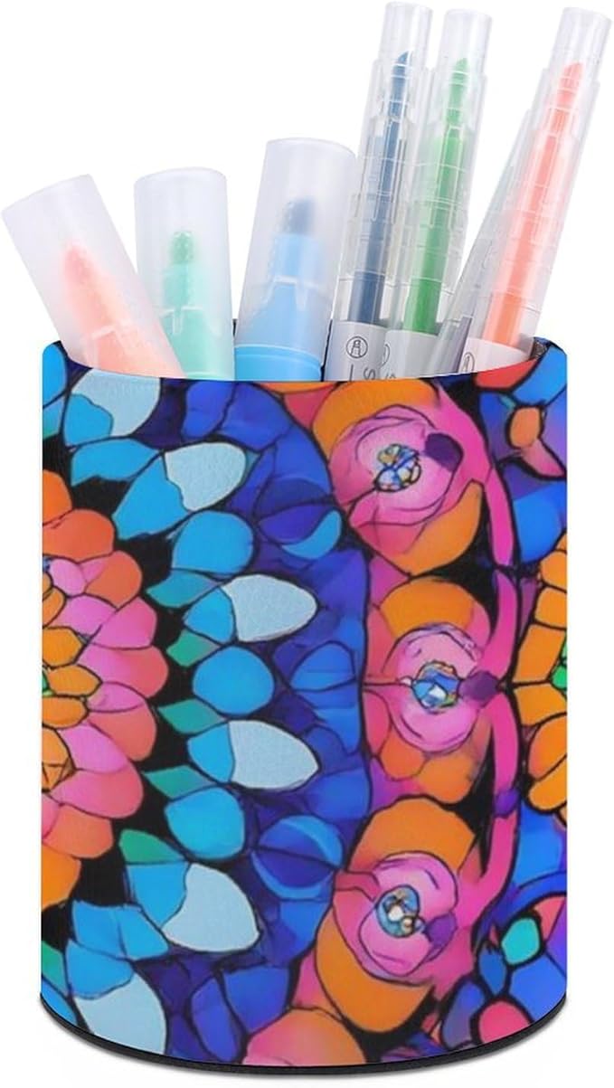 Pen Holder Leather Pencil, Holder Cup Makeup Brush Storage Organizer, Waterproof Multifunctional Office Supplies Colorful Bohemian Mandala Flower Boho Floral