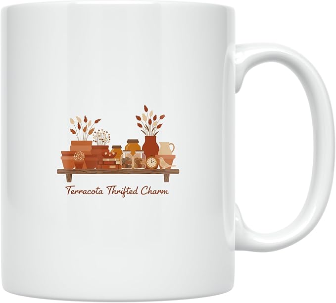 Terracotta Thrifted Charm - Plant Lady - 11 oz White Ceramic Coffee Mug - Cozy Aesthetic