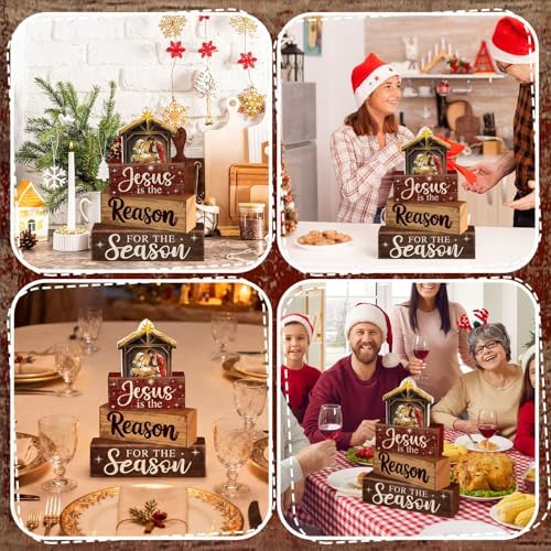 Moucuny 4 Pcs Christmas Table Decor Christian Nativity Scene Wooden Blocks - Image 5