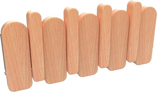 Wall Mounted Coat RackHooks Piano Key Hangers Natural Solid Wood Hanger Non-Woven Fabric Clothes Hangers for Closet, Kitchen, Bedroom, Bathroom, Entryway (Moon-Beech, 4 Hooks)