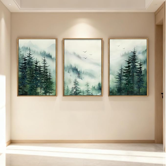 Anyzal Large Foggy Forest Wall Art Decor Framed Abstract Misty Mountain Artwork Prints for Living Room Bedroom Office 16x24 Inch Set of 3