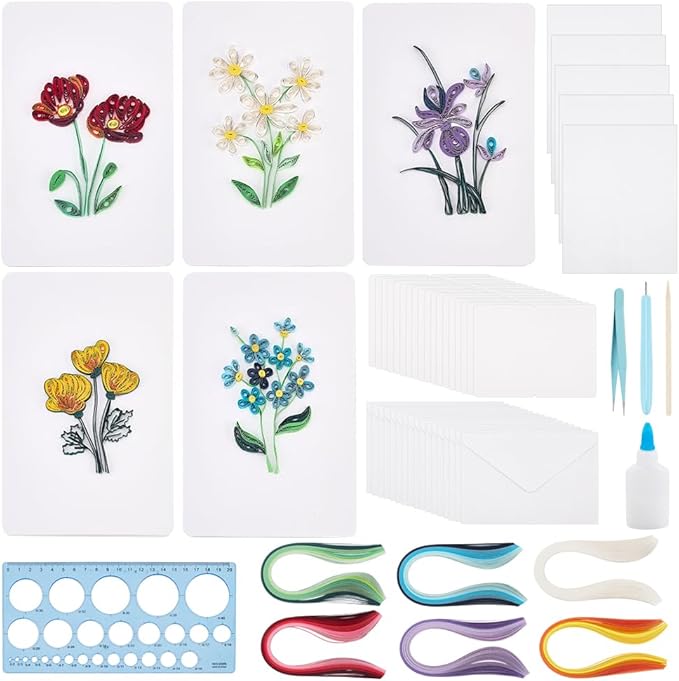 WEBEEDY 20 Sets Flower Card Making Kit Paper Quilling Kit with Instruction for Adult Beginner 5 Styles 3D Greeting Card Handmade Tulips Lilies Iris Lilacs Cards for Christmas Birthday Wedding Decor