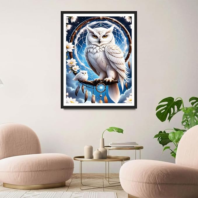 QINRUBB DIY White Owl Diamond Art Kit for Adults Beginners, Full Drill Dream Catcher Diamond Painting Kits, 5D Dreamland Owl Painting by Numbers DIY Craft Kits for Home Wall Decor 12x16 inch