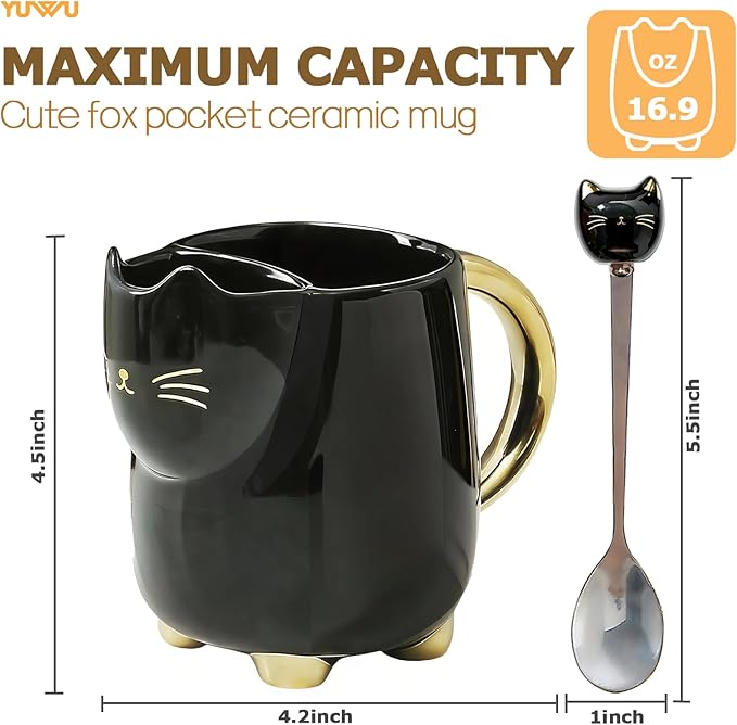 Yuwu 17oz Black Cat Mug with Built-in Filter and Spoon – Glossy Ceramic Tea kitty Mug for Cat Lovers – Elegant Gift for Men, Women, Office, Birthday, Halloween, Christmas