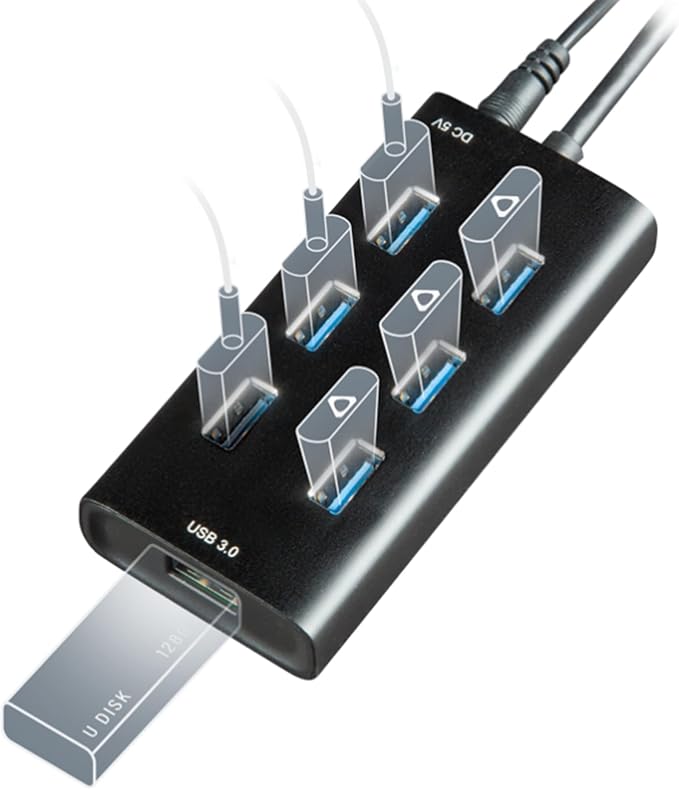 Rebuff Reality USB Hub 3.0 - 7-Port USB Hub with One Smart Charging Port, Supports Vive Tracker 3.0 2.0 & Other VR Dongles, Data Transfer for VR Trackers, MacBook, iMac, PC - Black, 31.5-inch Cable