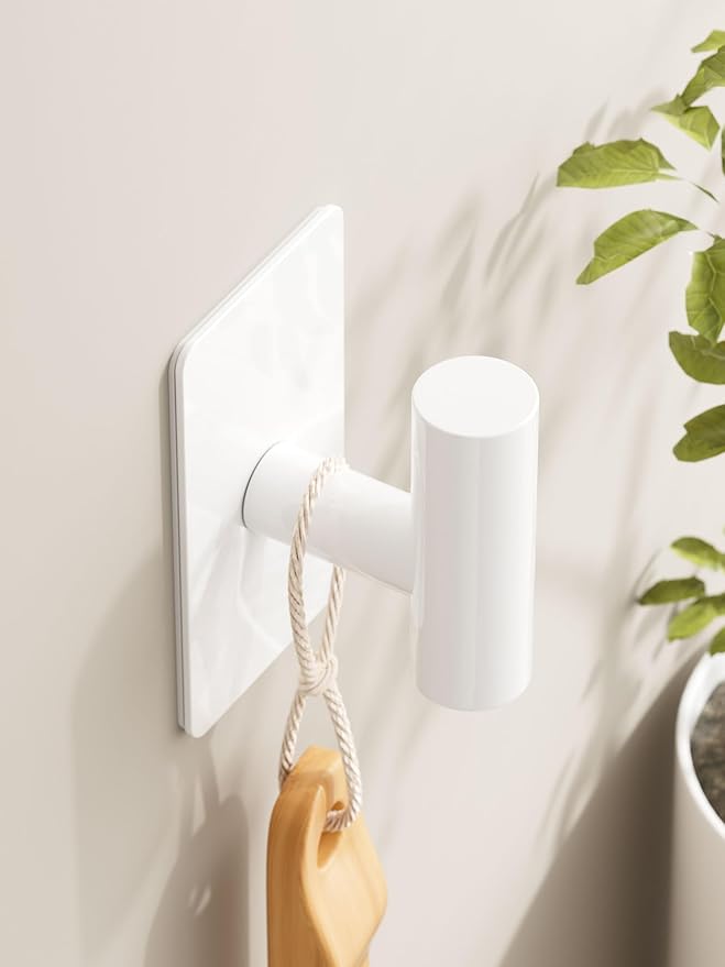 Towel Hooks for Bathrooms – 2 Pack, Smooth White Finish, T-Shaped Stainless Steel Adhesive Wall Hooks for Robes & Towels in Kitchen, Shower, or Closet