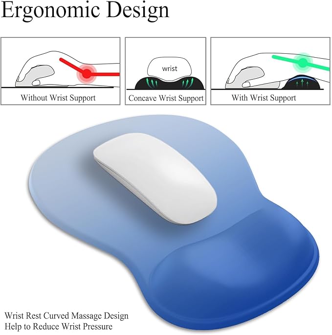 Gel Mouse Pad with Wrist Rest, Ergonomic Concave Wrist Support Mousepad with Non-Slip PU Base & Smooth Surface Comfortable Desk Accessories Mat for Office, Home Gaming and Study (04 Gradient Blue)