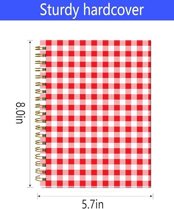 Spiral Journal Notebook,A5 Hardcover Lined Journals for Women 6 x 8.3 in,60 Sheets 120 Pages Thick Paper,Cute College Ruled Writing Notebook for Office Work School(Red White Checkered)