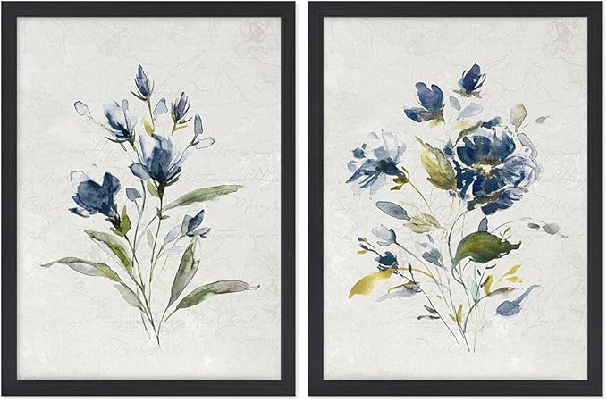 JOWOROLO Botanical Prints Wildflower Prints Blue Floral Wall Art - Set of 2-12x16 -Framed