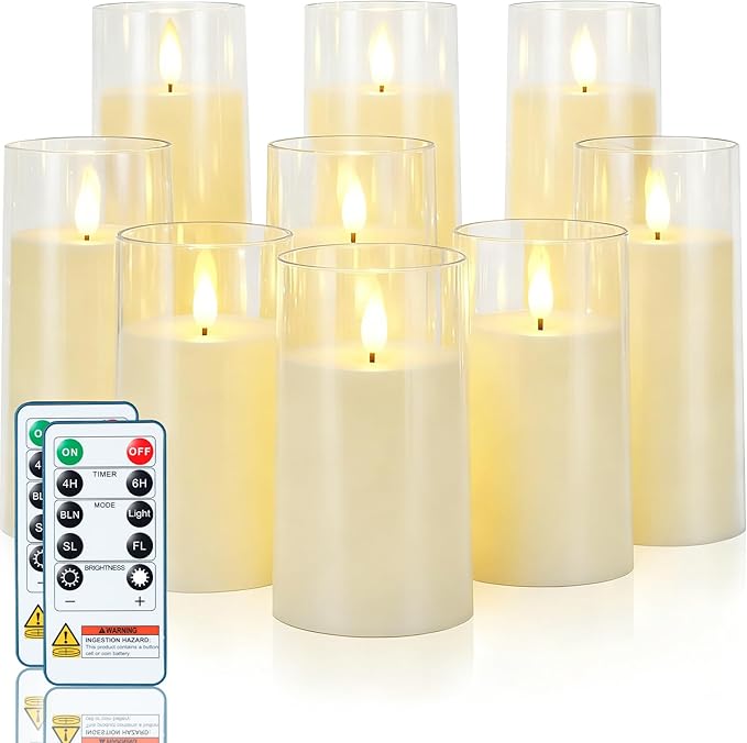 Homemory Ivory Flickering Flameless Candles, Battery Operated Acrylic LED Pillar Candles with Remote Control and Timer, Set of 9