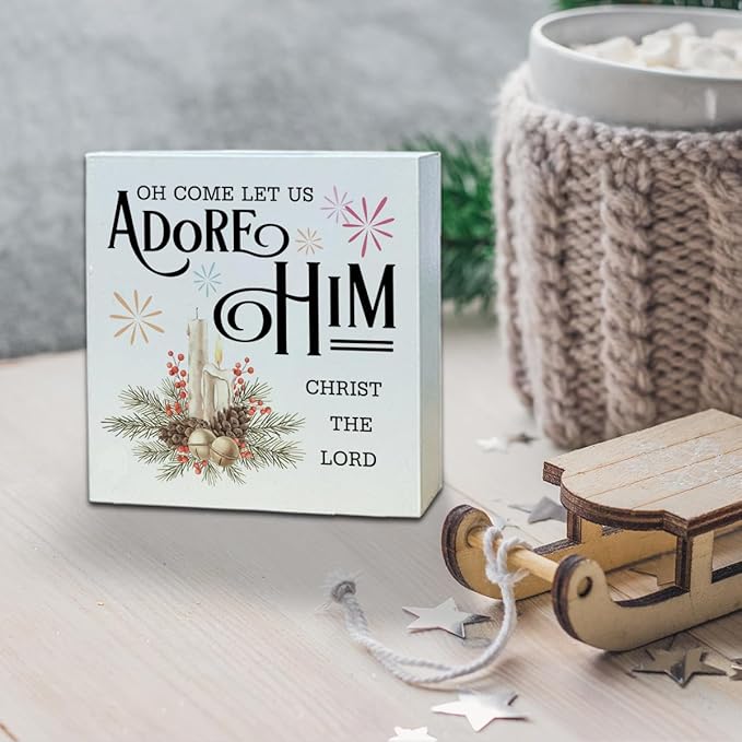 Christmas Christian Wooden Desk Decor Sign, Oh Come Let Us Adore Him Christ The Lord Wooden Box Sign, Religious Christmas Home Plaque for Living Room Bedroom Tabletop Decor 5x5 Inches