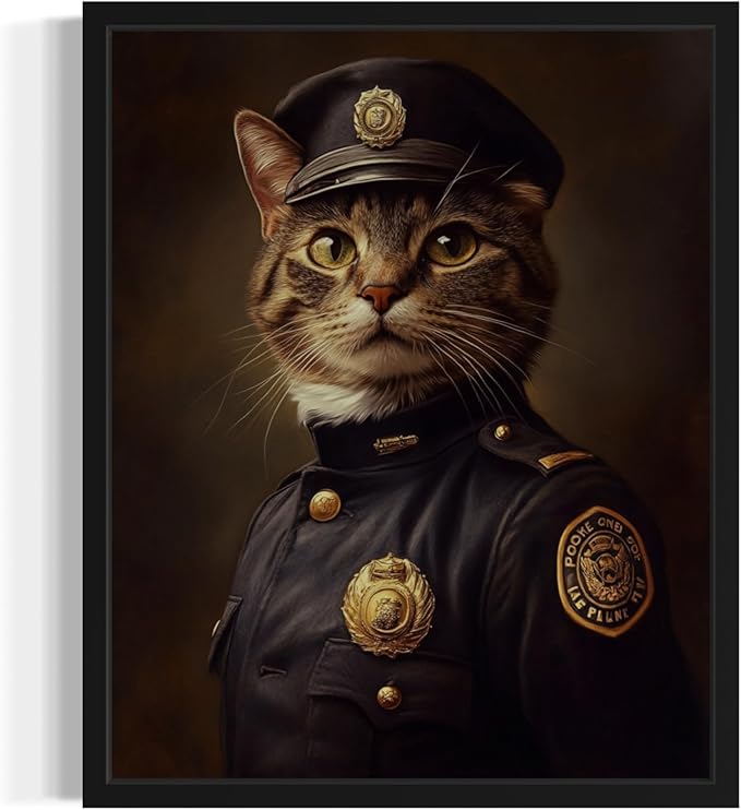 Police Cat Art Poster Print, Cat Kitten Painting Humor Portrait Pet Artwork Decor Gallery A8 (Police Cat, 8 x 10 inches, Black Frame)