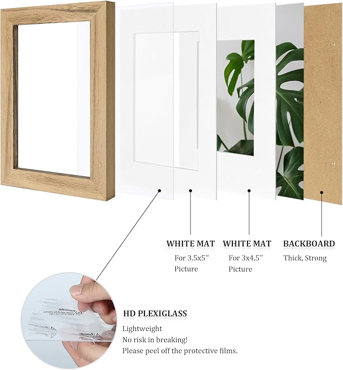 Egofine 4x6 Picture Frames with Plexiglass, Display Pictures 3x4.5 and 3.5x5 with Mat or 4x6 Without Mat Set of 4 for Tabletop and Wall Mounting, Carbonized Brown