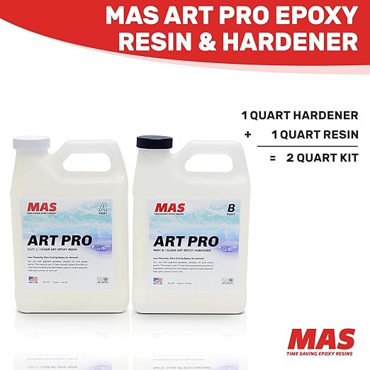 MAS Epoxies Art Pro Epoxy Clear Kit 2-Quart (1-Quart Resin and 1-Quart Hardener) Low Viscosity and Enhanced UV Resistance, Ideal for Jewelry Making, Flower Preservation, and Other Resin Crafts