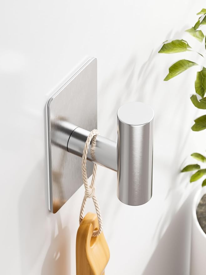 Towel Hooks for Bathrooms – 2 Pack, Brushed Silver Finish, T-Shaped Stainless Steel Adhesive Wall Hooks for Robes & Towels in Kitchen, Shower, or Closet