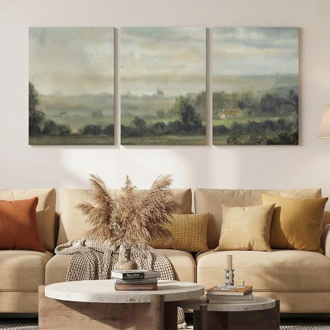 3 Pcs Framed Vintage Landscape Wall Art Landscape Green Forest Prints Nature Countryside Painting Poster Pastoral Rustic Farmhouse Wall Decor for Living Room Bedroom 16x24 inch Ready to Hang