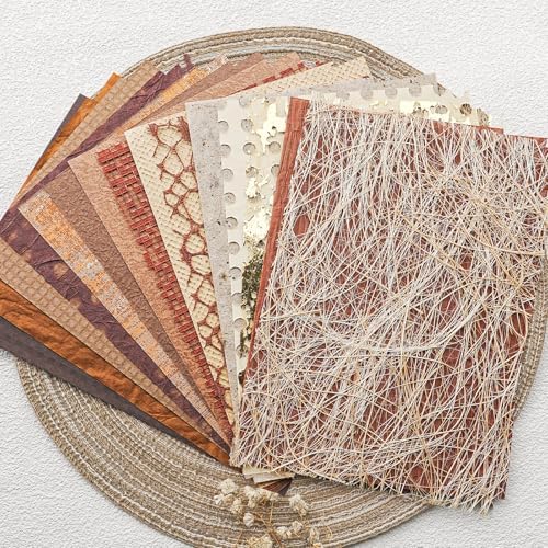 15-Piece Textured Scrapbook Paper & Mesh Fabric Set, Brown A5 Sheets - Image 2
