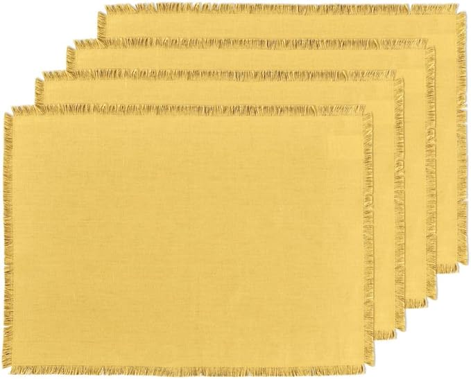 Solino Home Fringe Linen Placemats Set of 4 - Marigold Yellow Placemats 14 x 19 Inch - 100% Pure Linen Table Mats for Spring, Easter