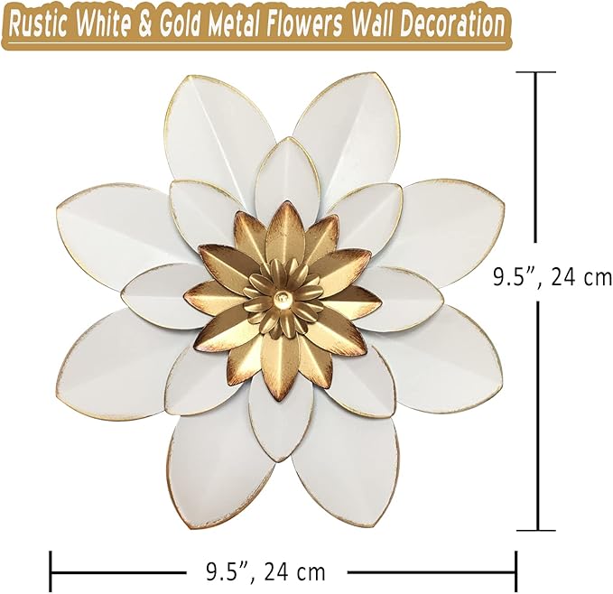 Metal Flower Wall Art Decor, 9.5“ Rustic Modern Floral Sculpture, Distressed Iron Wall Hanging Home Decoration Accent Artworks for Indoor Kitchen Bedroom Living Room Office Outdoor Garden Patio