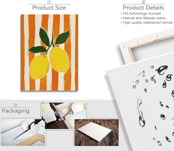 Lemon Watercolor Wall Art – Fresh Yellow Citrus Canvas Print – Orange Stripe Kitchen Decor – Modern Botanical Fruit Illustration Poster 12x16inch-Framed