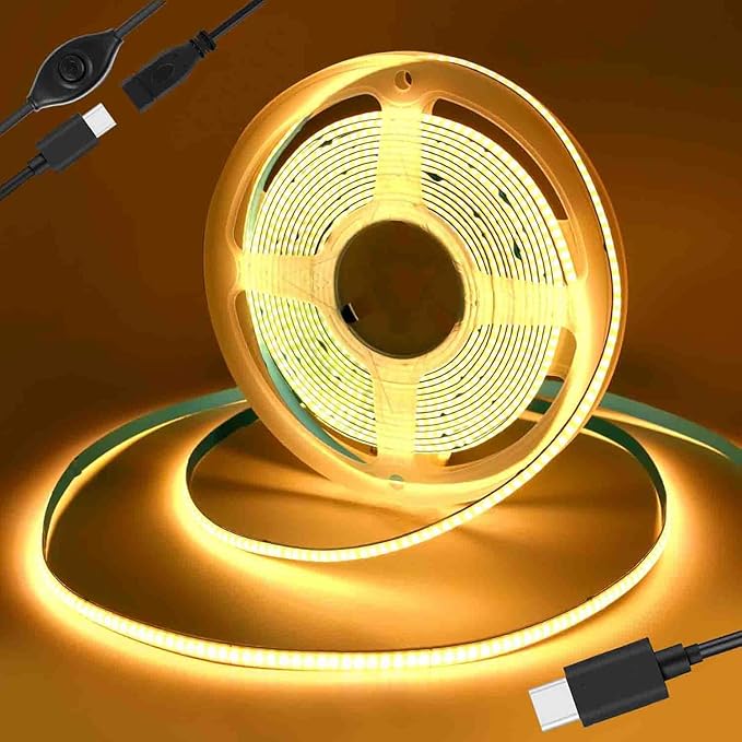USB Type-C Powered 2M/6.56Ft 5V COB LED Strip Light with Dimmer of Memory Function,Warm White 2700K,640LEDs,Flexible Tape Light for TV Monitor Backlight,Mirror,Cabinet,Wardrobe,Cupboard DIY Lighting