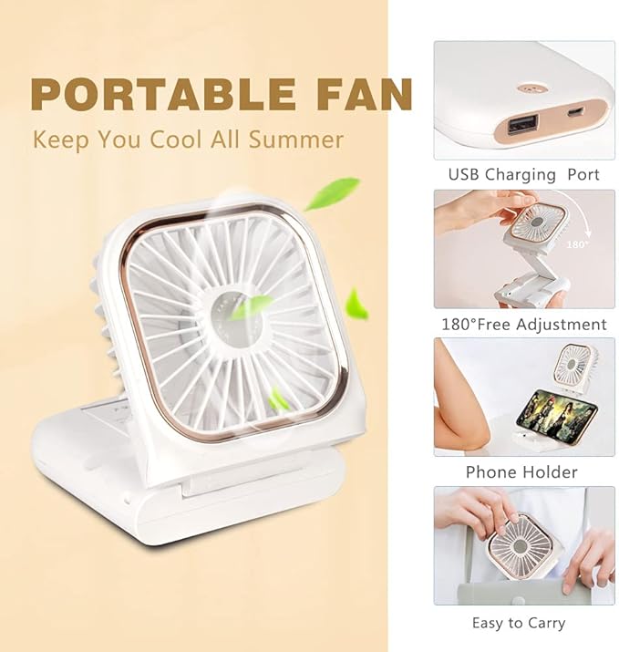Portable Mini Fan Small Battery Operated Fan 5 in 1 as Power Bank,Phone Holder,Handheld Fan,Desk Fan, USB Rechargeable Personal Hand Fans,3000 mAh Power Bank,3 Speed Adjustable, Neck lanyard, White