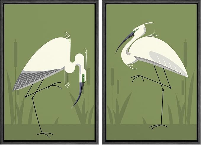 SIGNWIN Framed Canvas Print Wall Art Set Heron Bird Minimalist Egret Illustrations Modern Art Minimal Boho Colorful for Living Room, Bedroom, Office - 24"x36"x2 BLACK