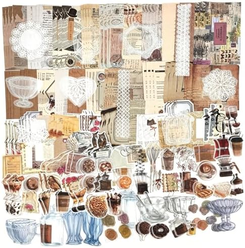 Esweny 260PCS Vintage Journaling Scrapbooking Supplies Scrapbook Sticker Paper Ephemera Pack for Junk Journal Planners Collage Craft Notebooks Album (Coffee and Bread) by Esweny