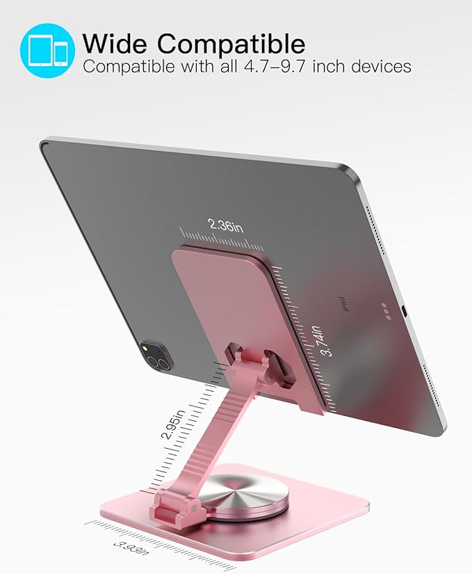 Cell Phone & Tablet Stand for Desk, Aluminum Adjustable Holder for iPhone, iPad & Smartphones || Foldable Mount with 360° Swivel, Stable Base & Portable Design for 4–9.7in Devices, Pink