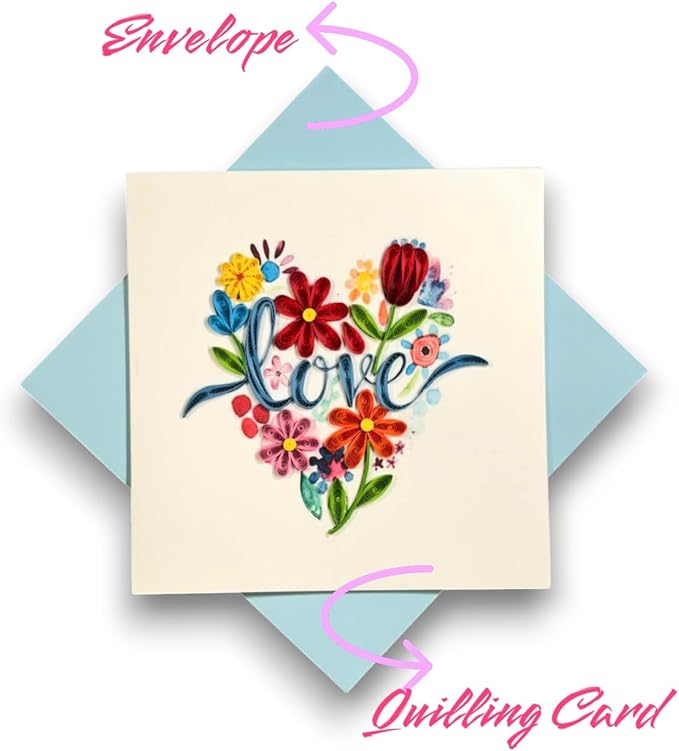 Handmade Quilling Greeting Card Love in Heart Floral Design Romantic Gift for Her Birthday Anniversary Valentine Special Occasion