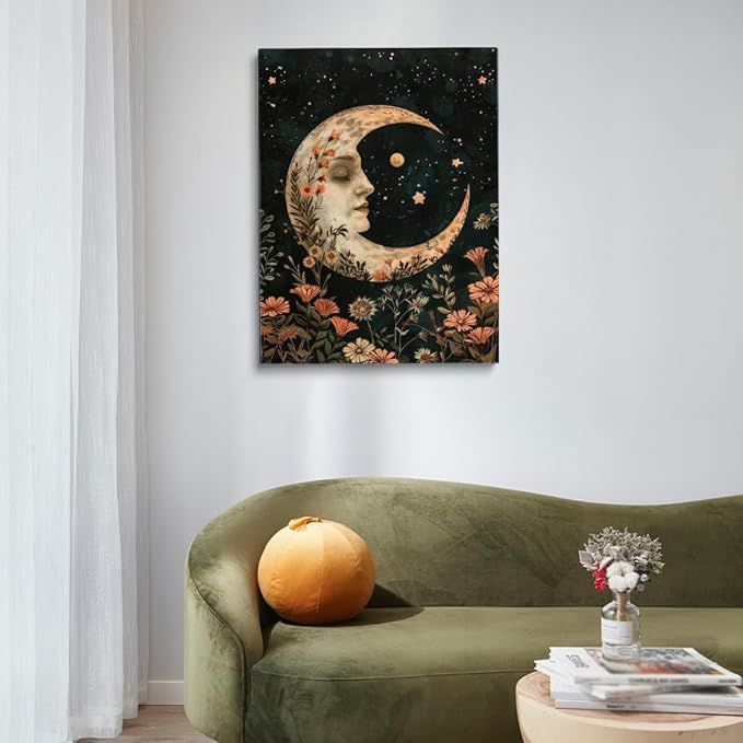 Dark Moody Crescent Moon William Morris Print,Dark Cottagecore Wall Art,Celestial Stars Floral Art Print,Witchy Academia Decor Vintage Cottagecore Decor for Bedroom Dorm 12x16in Unframed poster