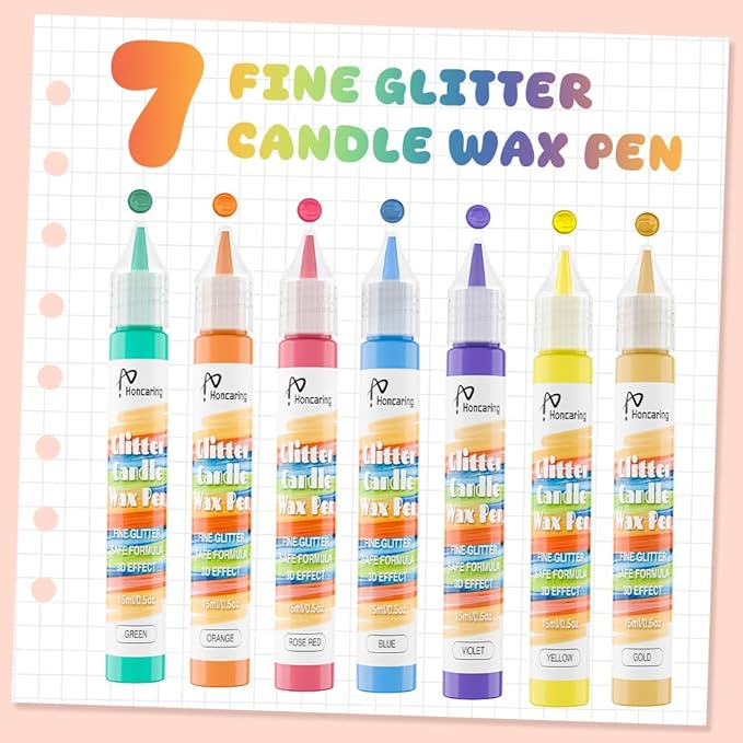 Honcaring Candle Wax Pen, Easy to Use Glitter Painting Pen, 7 Glitter Colors Set for Candle Blessing Writing, Decorating & More DIY Crafts(15ml/0.5oz*7)