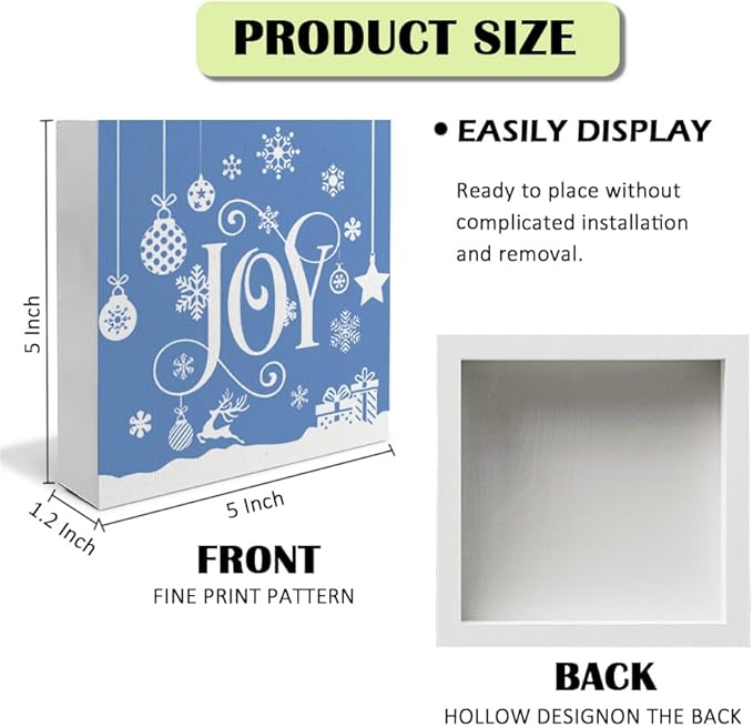 Joy Christmas Wooden Box Sign, Farmhouse Christmas Snowflake Reindeer Xmas Wood Signs for Home Office Table Shelf Decoration, 5x5 Inch (Blue)